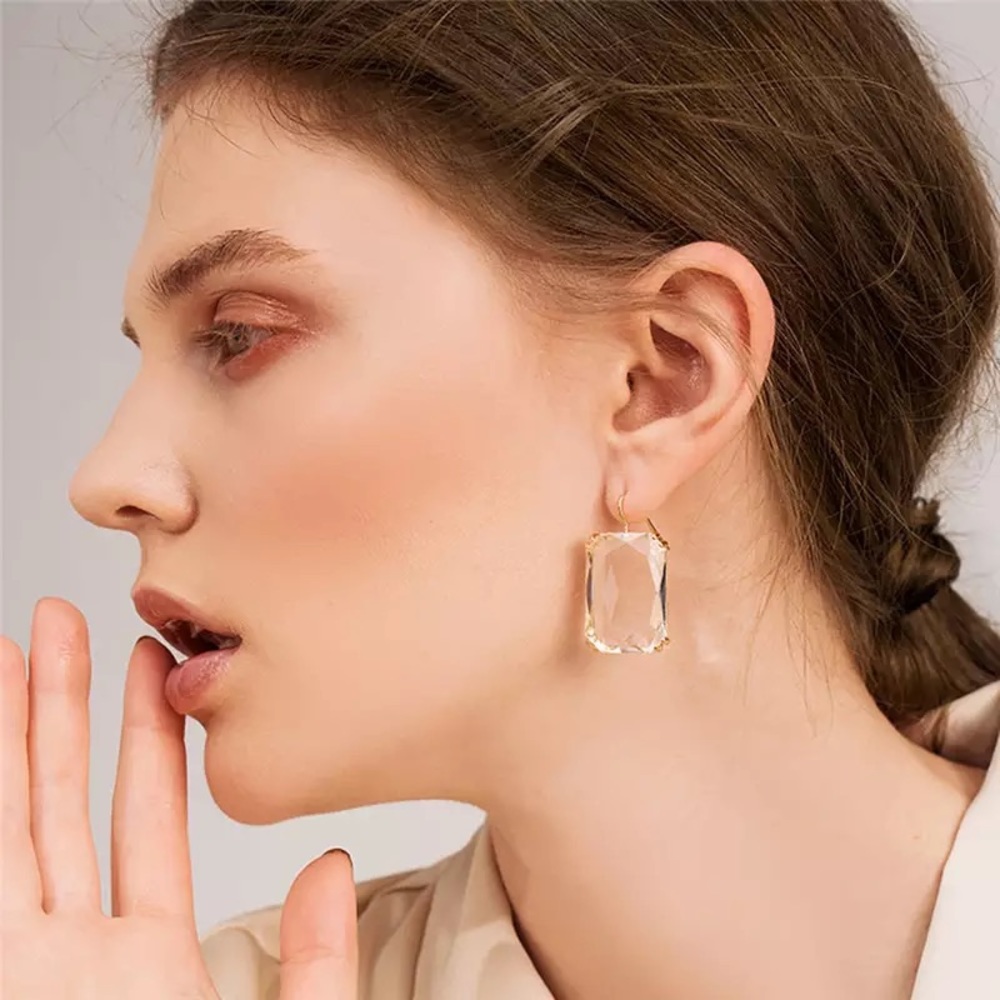 New Crystal Clear Big Square Earrings Drop Dangle - Picture 7 of 12